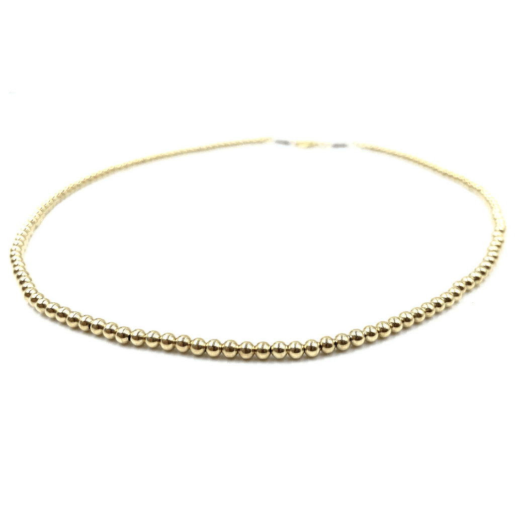 14k gold filled 3mm beaded necklace. Perfect layering piece and waterproof!  Available in 16".